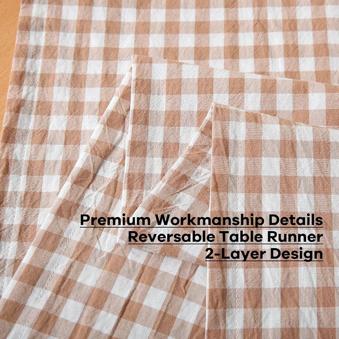 Taupe White Plaid Gingham Ruffle Table Runner 108 inches Long 100% Washed - Image 5