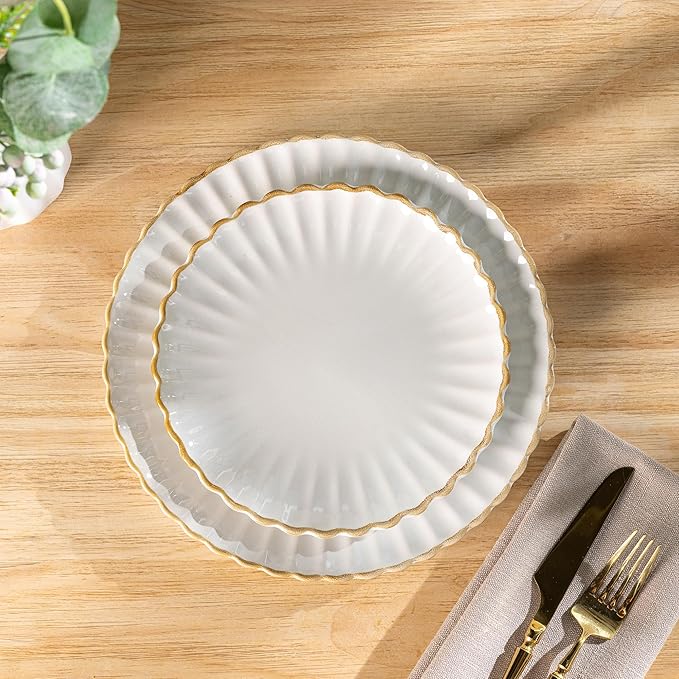 GBHOME Stoneware Dinnerware Sets for 4,Handcrafted Embossed Design Reactive Glaze Ceramic Plates and Bowls, Dishwasher and Microwave Safe, Service for 4(12pcs),Pearl White