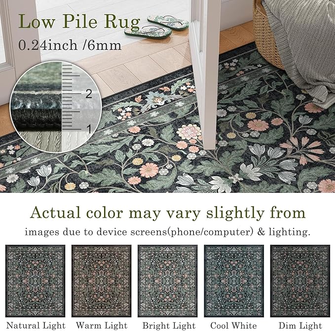 3x5 Washable Area Rug Floral Dark Green Entryway Small Rug Vintage Forest Low Pile Non Slip Stain Resistance Soft Carpet for Kitchen, Bedroom Beside, Laundry Room, Office Rug, Kids Room, Nursery Room