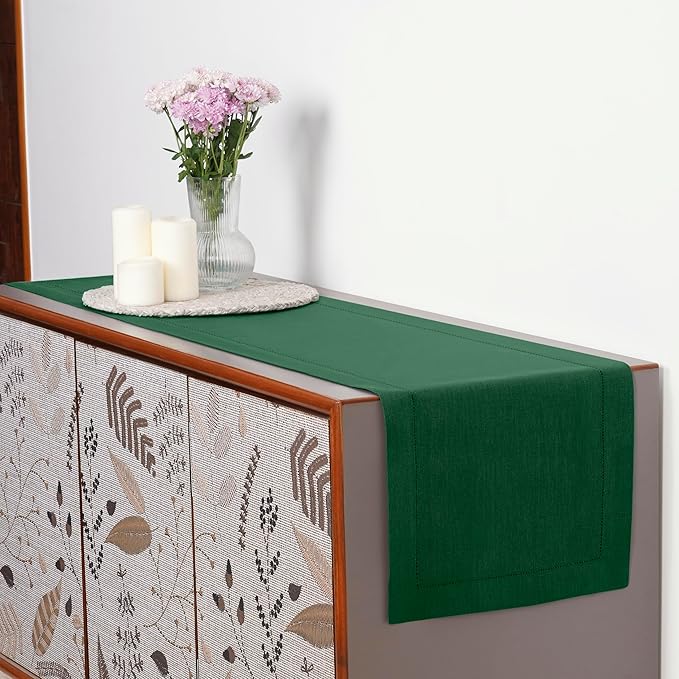 D'Moksha Homes Linen Forest Green Table Runner 120 Inches Long - 100% Pure Linen Hemstitch 14 x 120 Inch Table Runner for Dining, St Patricks Day, Easter - Classic Hemstitch