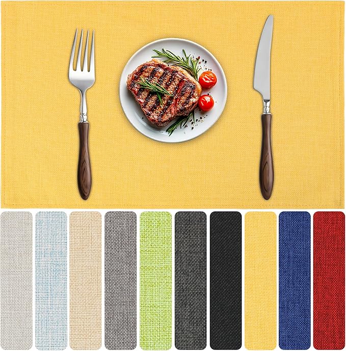 Blue Forest Placemats Set of 8, Dual-Layered Thickened Faux Linen Table Mats Heat Resistant Machine Washable Wrinkle Free Place Mats for Kitchen Dining Outdoor/Indoor (Bright Yellow)