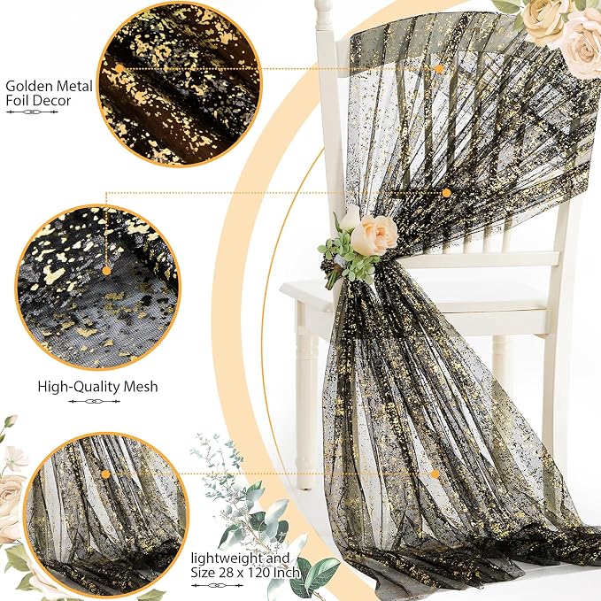 SiinvdaBZX Black Gold Sheer Tulle Table Runner 120 Inch/10 Ft Long | Gauze - Image 4