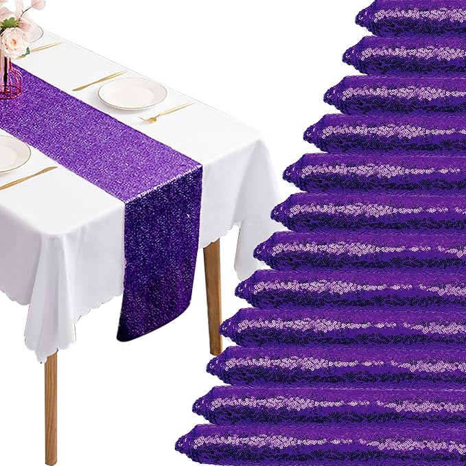 12 Packs 12 X 108 Inch Purple Sequin Table Runner Glitter Dining Table Runner by Fivenl