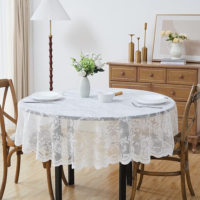 Warm Home Designs 120 Inch Round Tablecloth with English Rose Design. Use as Circle Table, Rustic or Elegant Lace Table Cloth. White Tablecloth for 10-12 Guests. LTC White 120