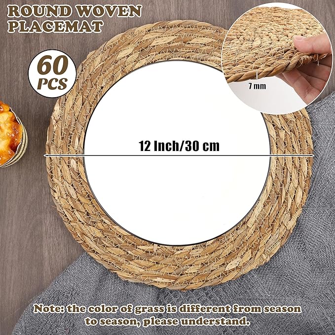 Kochorie Set of 60 Round Woven Placemats 12 Inches Bulrush Placemats Natural Hand-Woven Boho Rattan Placemat Wicker Table Mats Farmhouse Weave Place Mats for Home Dining