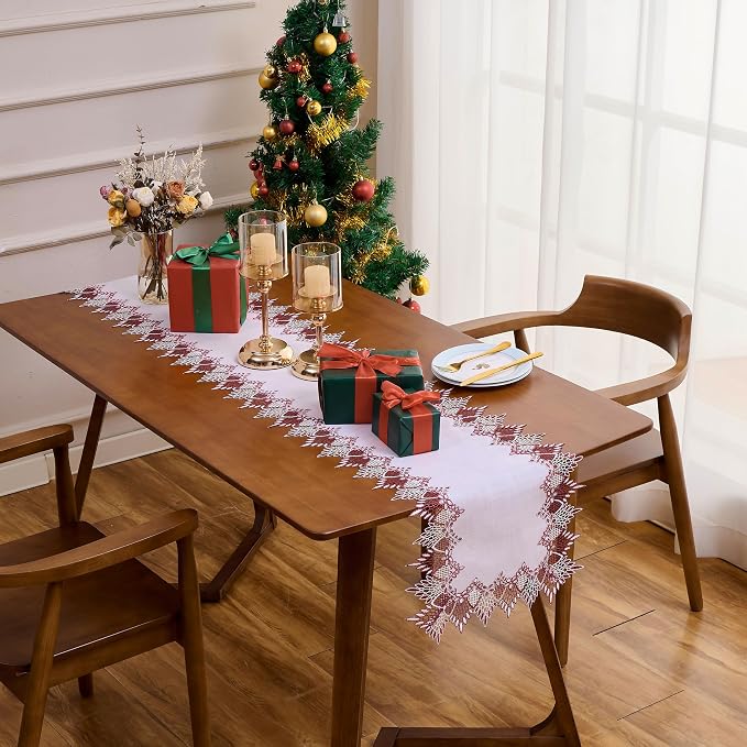 White Dark Red Linen Lace Table Runner 60 inches Dresser Scarf | White Sheer - Image 3