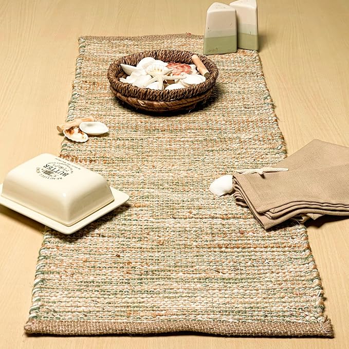 Natural Jute Table Runner, 13x36 Inch, Sage Green-White | Vintage Boho Rustic - Image 8