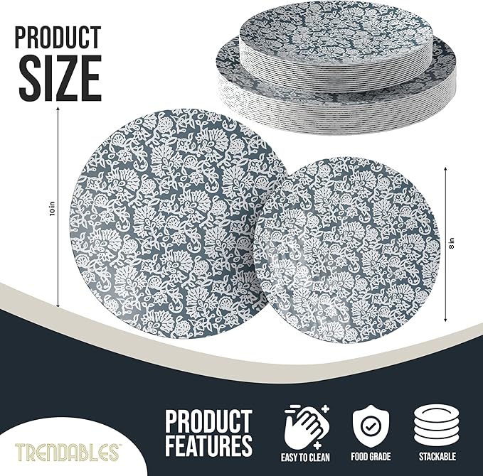 Trendables Disposable Dinnerware Decorative Plates Plastic Disposable Plates Set For 20 Guests 20 x 8 Inch Dessert Plate & 20 x 10 Inch Wedding Party Plate Set Garden Damask
