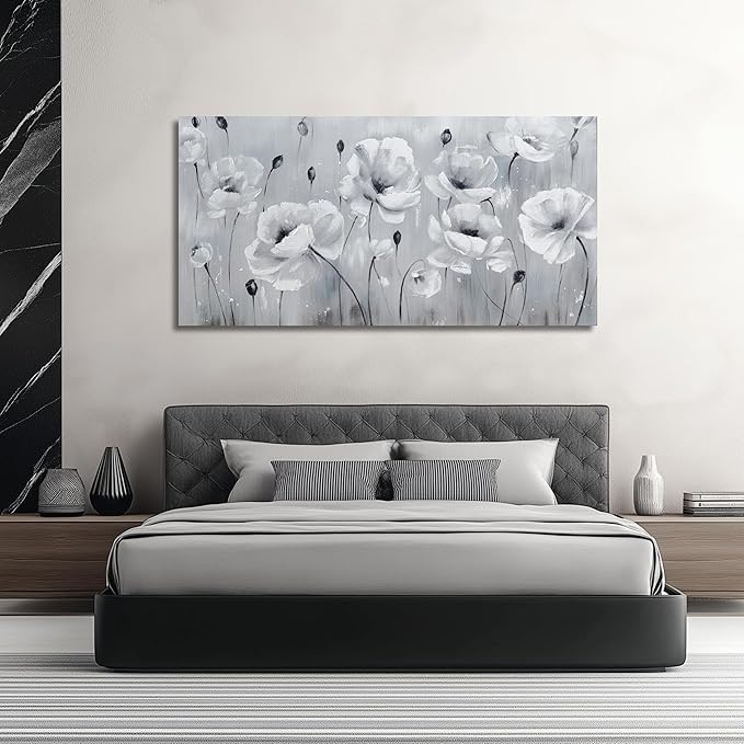Belmrxne Floral Wall Art Grey and White Wall Decor Aesthetic Canvas Painting Unique Artwork for Living Room Bedroom Dining Room kitchen Office 24x48 Inches