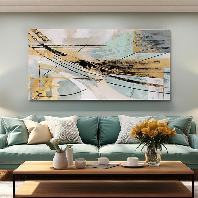 Abstract Wall Art Framed Wall Decor Modern Canvas Abstract Wall Art Black-Gold and Blue Grey Abstract Artwork for Living Room Bedroom Dining Room Home Office Decor 29"x58"