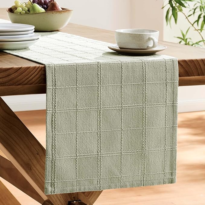 Linen Checked Farmhouse Table Runner, 13x48 Inches Seeding Green | Raised Grid - Image 4