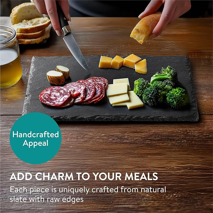Navaris Slate Plates - Food Contact Safe Black Stone Plates - Cheese Platter Charcuterie Boards Serving Plate - Stone Slate Slab Cheese Board - Set of 8-11.8" x 7.9" (30 x 20cm)