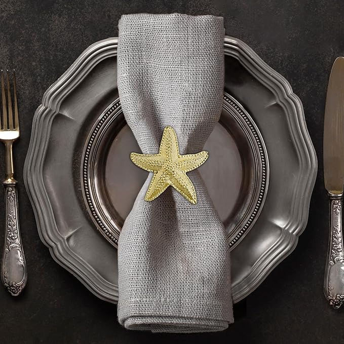 Decozen Set of 12 Gold Napkin Rings in Star Fish Design, Festive, Table Decor Setting for Holiday, Wedding, Birthday, Kitchen, Home Decor, Housewarming Gift - Mothers Day Decorations
