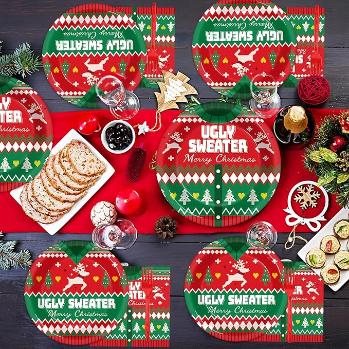 200 Pcs Christmas Ugly Sweater Party Supplies Paper Plates Napkins Xmas Tacky Sweater Tableware Party Decorations Favors for Xmas Birthday Winter Holiday Serves 50