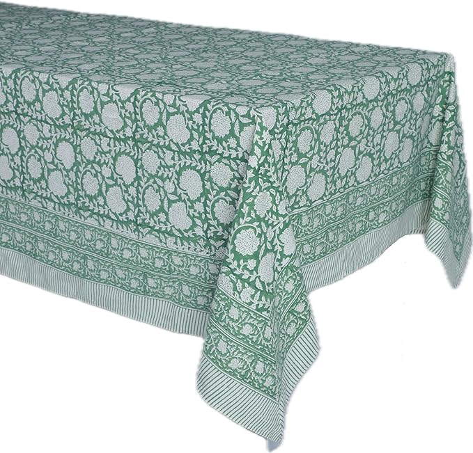 ATOSII Shalimar Green 100% Cotton Square Fall Tablecloth, Handblock Floral Table Cloth Linen for Kitchen Dining I Parties Wedding Outdoors Christmas Thanksgiving I Fall Home Decor 60 X 60 Inches