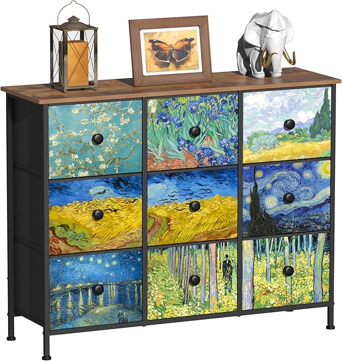 EXOTICA Van Gogh 9 Drawers Dresser Wide TV Stand Colorful Dressers & Chest of Drawers Enterway Furniture for Bedroom Living Room Hallway Closets Steel Frame Wood Top