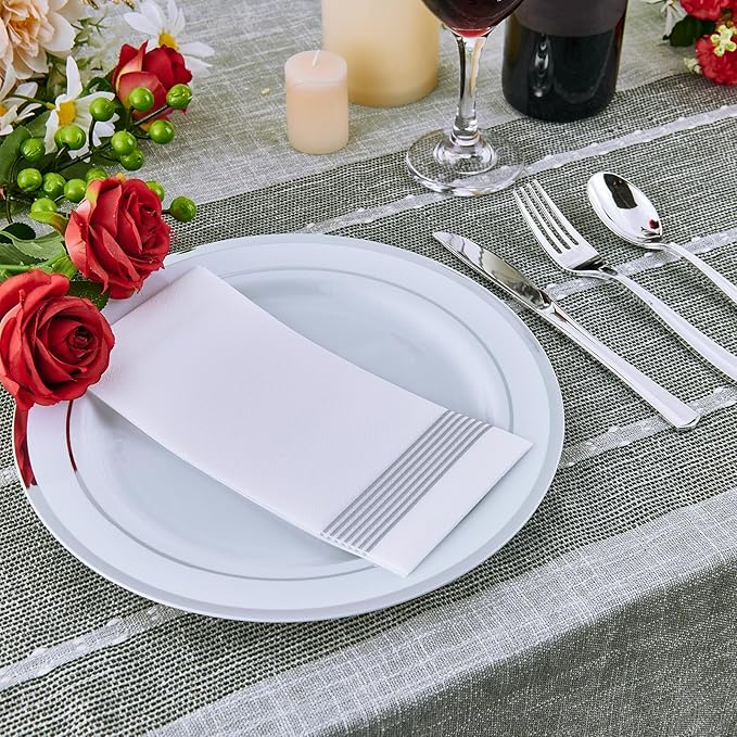 Vplus 100 Piece 10 Inch Silver Plastic Plates Disposable, Heavy Duty White Elegant Durable Dinner Plastic Party Plates with Silver Rim Perfect for Party Christmas