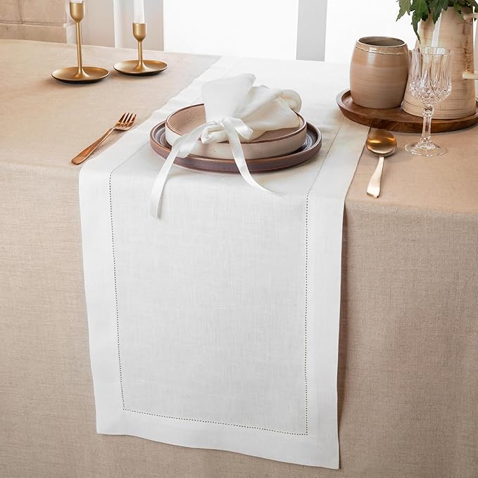 D'Moksha Homes Linen White Table Runner 120 Inches Long - 100% Pure Linen Hemstitch 14 x 120 Inch Table Runner for Dining, Valentines, Spring, Easter - Classic Hemstitch