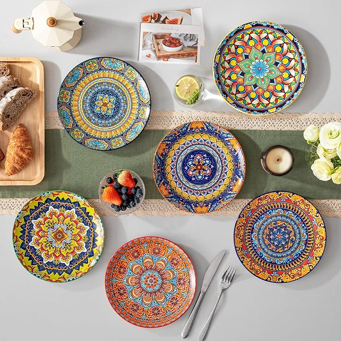 vancasso Bohemian Dessert Plates Set of 6, 8.5 Inch Ceramic Salad Plates, Boho Small Dinner Plates, Colorful Printed Kitchen Plate for Breakfast, Microwave & Dishwasher Safe Dishes, Series KRVI