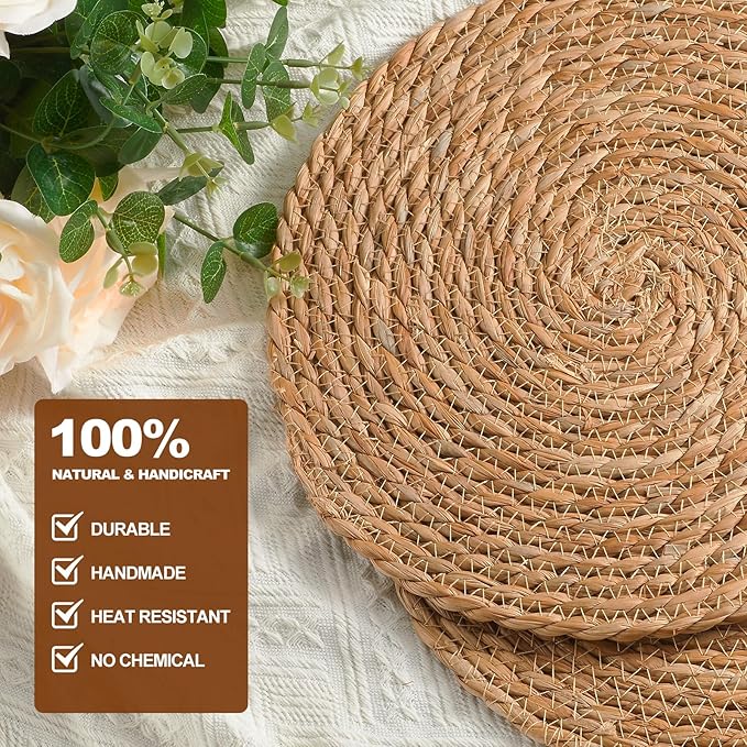 Round Woven Placemats 13.8 Inch Set of 10 - Boho Rattan Placemat Natural Water Hyacinth Placemats, Farmhouse Weave Place Mats, Rustic Braided Wicker Table Mats for Dining Table,Home,Wedding