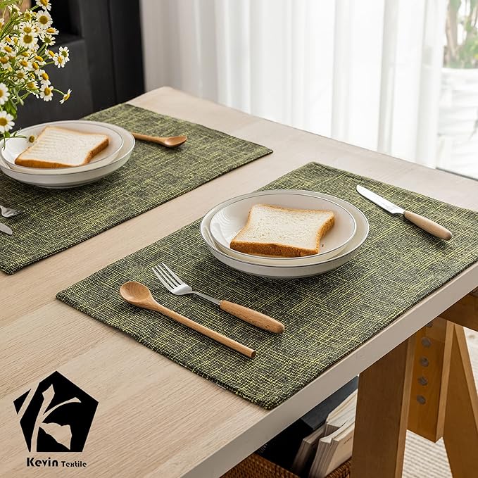 Kevin Textile Christmas Burlap Linen Placemats Set of 6 Heat Resistant Dining Table Place Mats Washable Kitchen Table Mats for Dinning Party Holiday Indoor Outdoor, 13 x19 inches, Peridot Green