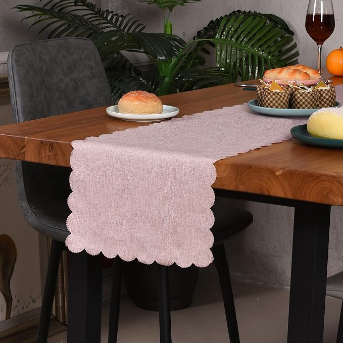 Pink Cotton Table Runner 13 x 90 in Long Farmhouse Scallop Style | Dresser - Image 2