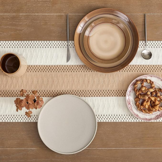 Macrame Style Bicolor Stitching Table Runner 14x36in Beige | Woven Boho Table - Image 5