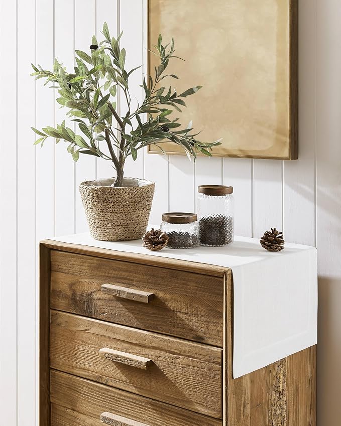 Linen Textured Border Table Runner, 14 x 60 Inch White | Mitered Corner Design - Image 2