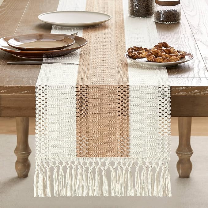 Macrame Style Bicolor Stitching Table Runner 14x108in Beige | Woven Boho Table - Image 2