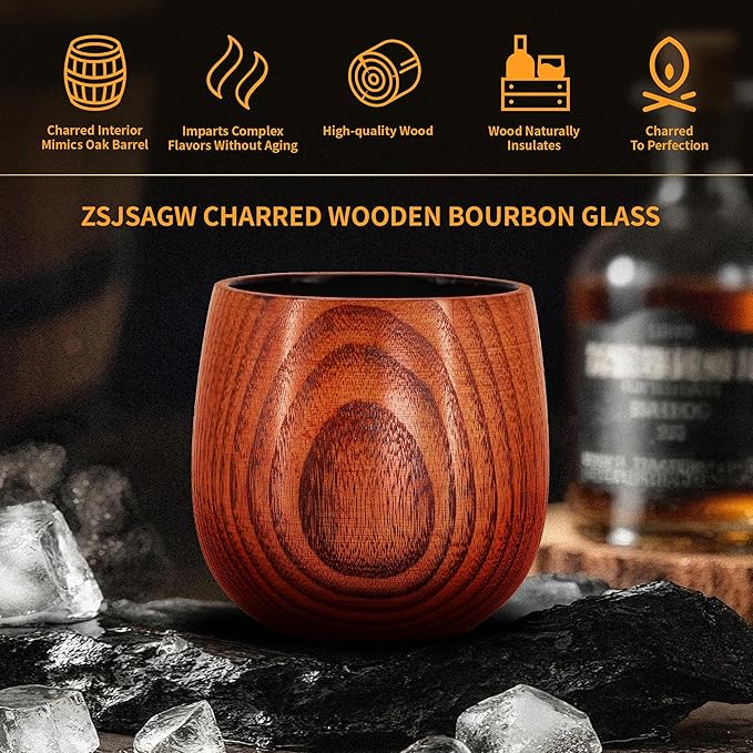 Charred Wooden Whiskey Glass 10oz | Handcrafted Old Fashioned Tumbler with Stones & Coaster | Bourbon Gift Set for Men, Dad, Husband (1 Pack)