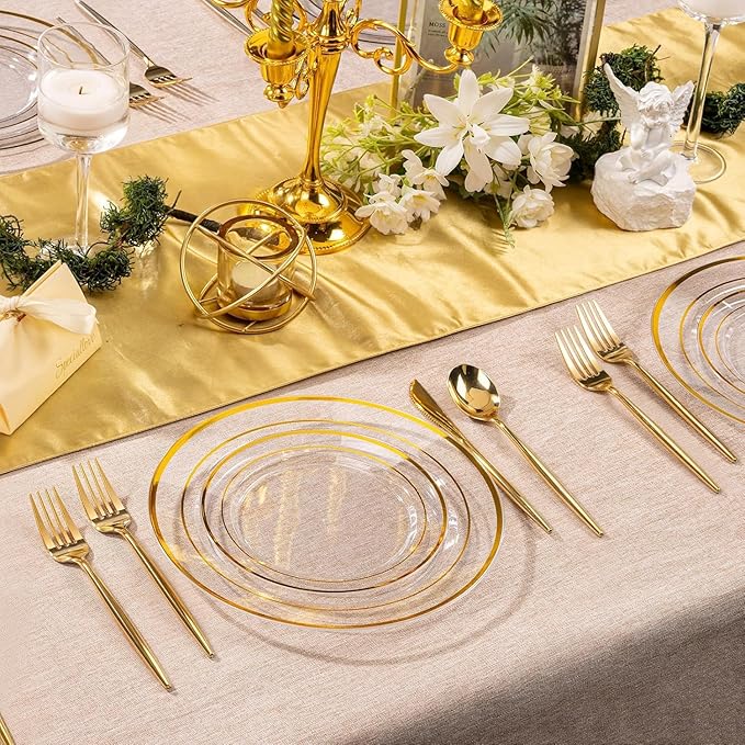 I00000 100Pcs Small Clear Gold Dessert Plates,Clear Disposable Plates with Gold Rim 7 Inch,Premium Hard Fancy Small Plate,Perfect for Birthday, Wedding & Party