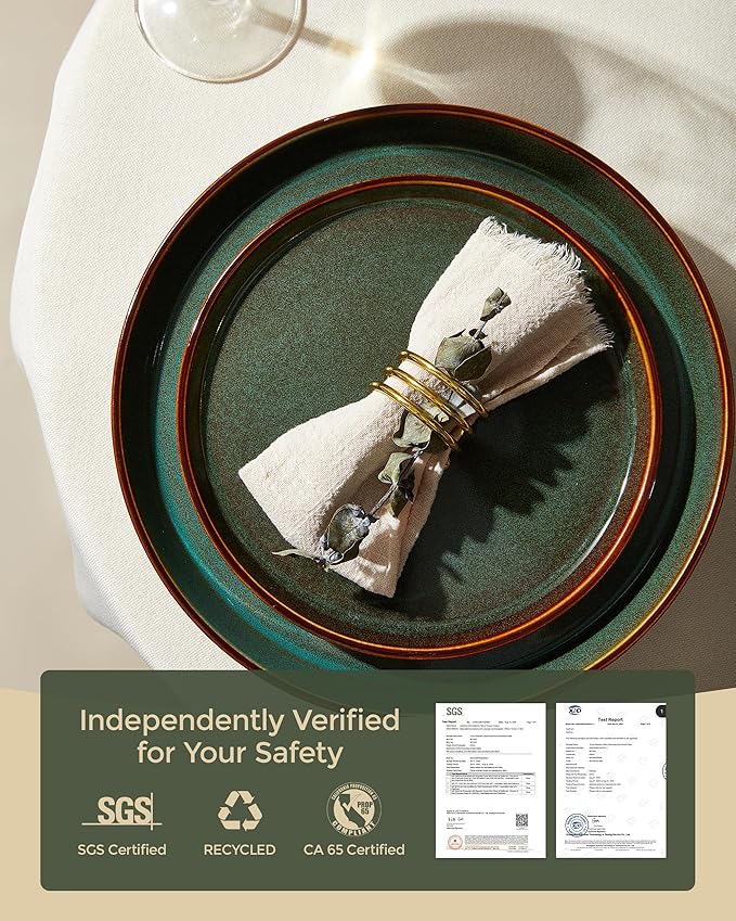 Plates and Bowls Sets for 6, Ceramic Dinnerware Sets, Kitchen Dish Set, Microwave & Dishwasher Safe Dishware, Highly Durable Reactive Glazed Dinner Set, Brown Green