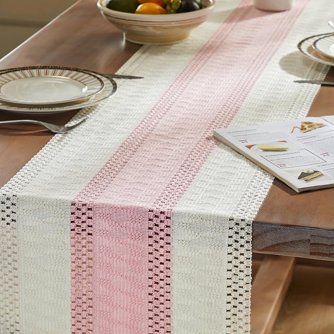 Macrame Style Bicolor Stitching Table Runner 14x108in Light Pink | Woven Boho - Image 5