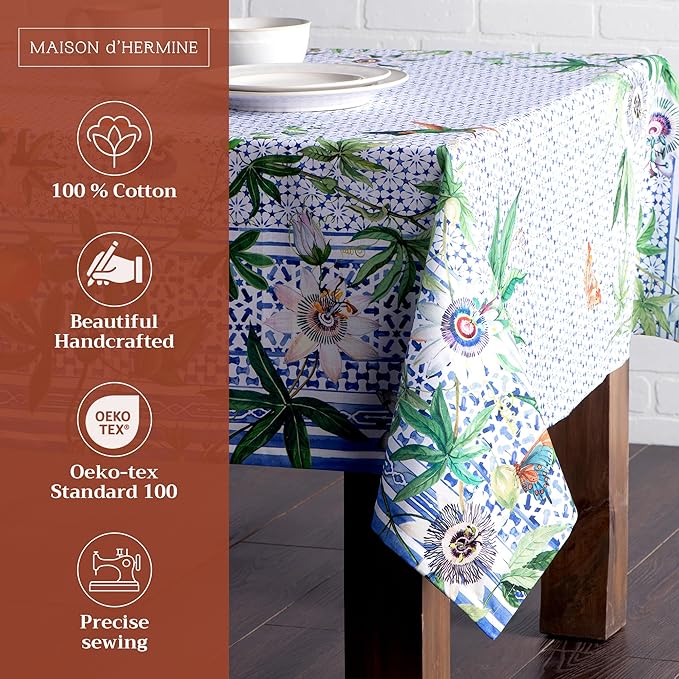 Maison d' Hermine Table Cloth Square Table 100% Cotton 60 x 60 Inches Tablecloth Reusable Decorative for Dining Room Farmhouse Home Valentines Day Decorations Spring Summer - Passiflora