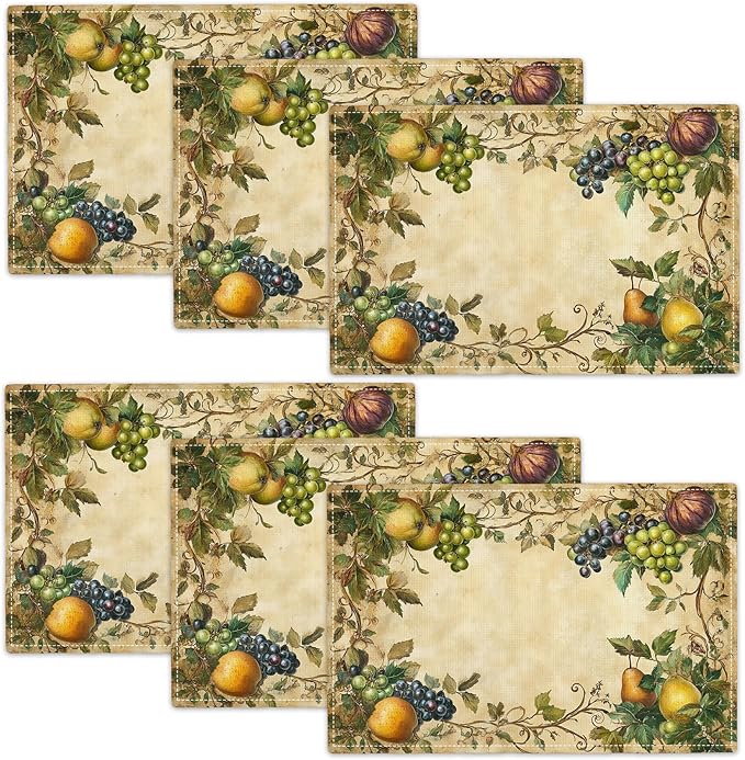 Fruit Placemats Set of 6, Fruits Grape Table Mats, Washable Place Mats for Home Party Indoor Kitchen Dining Table Decoration 12x18 Inch