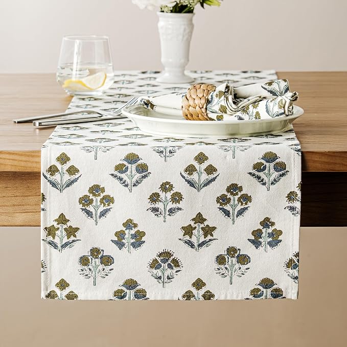 Block Print Floral Decorative Table Runners, 13x36 Inch Brown | 100% Organic by Unknown