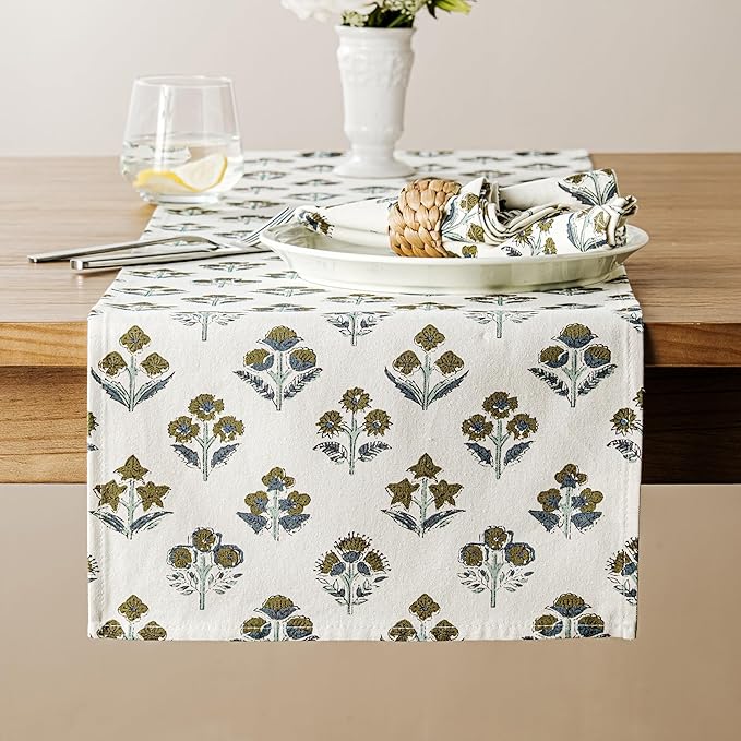 Block Print Floral Decorative Table Runners, 13x72 Inch Brown | 100% Organic by Unknown