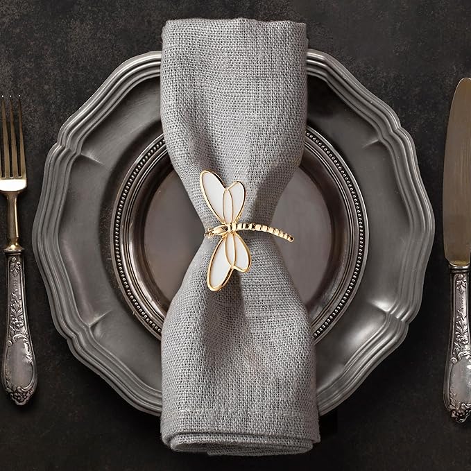 Decozen Set of 16 White Gold Napkin Rings in Dragonfly Design Festive Table Decor Setting for Holiday Wedding, Birthday, Kitchen, Home Decor Housewarming Gift - Mothers Day Decorations