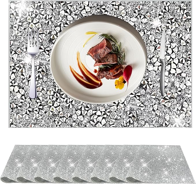 Silver Placemats Silver Heat Resistant Mat Square Placemats Silver Trivets Rhinestone Decor Place Mat Crushed Diamond Decor Bling Sparkly Mat Set of 8