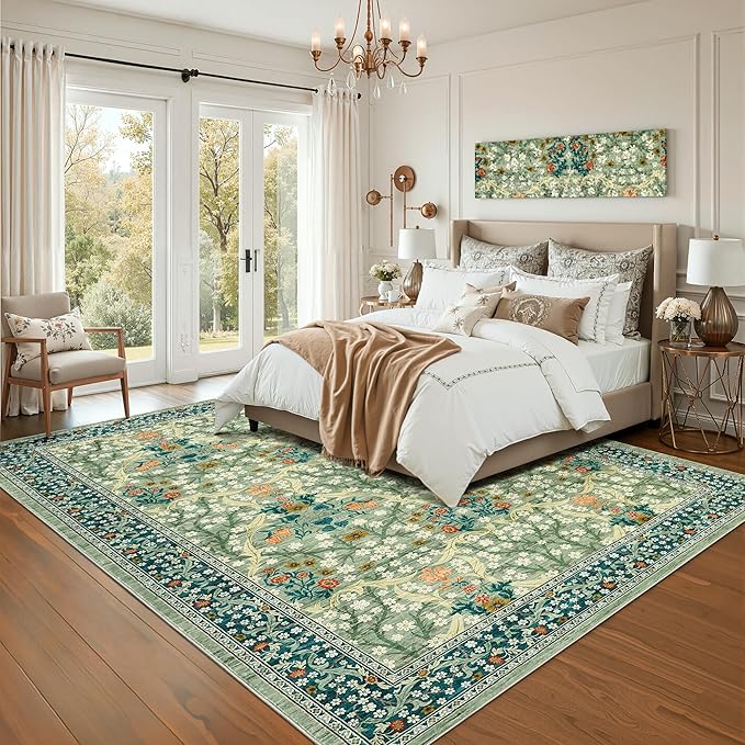 GarveeHome Floral Area Rugs 5x7, Sage Green Washable Rug for Living Room, Bedroom, Low Pile Non Slip Stain Resistance Indoor Boho Carpet Mat for Farmhouse, Dining Room, Office