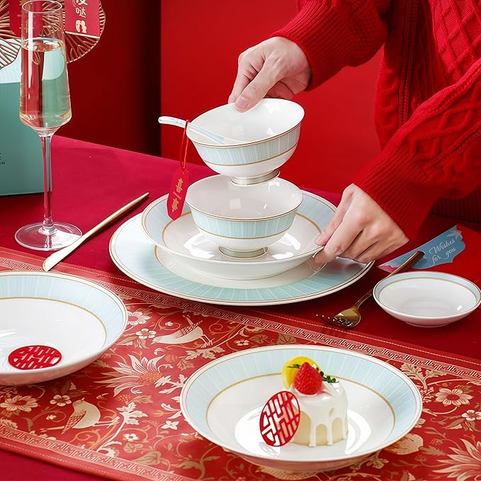 40 Pcs Fine Bone China Dinnerware Set, Porcelain & Ceramic Dinnerware Sets, Bone Stoneware & Ceramic Cookware Tableware Set Includes Dinner Plates|Spoons|Pasta Bowls|Soup Pot|Chopsticks
