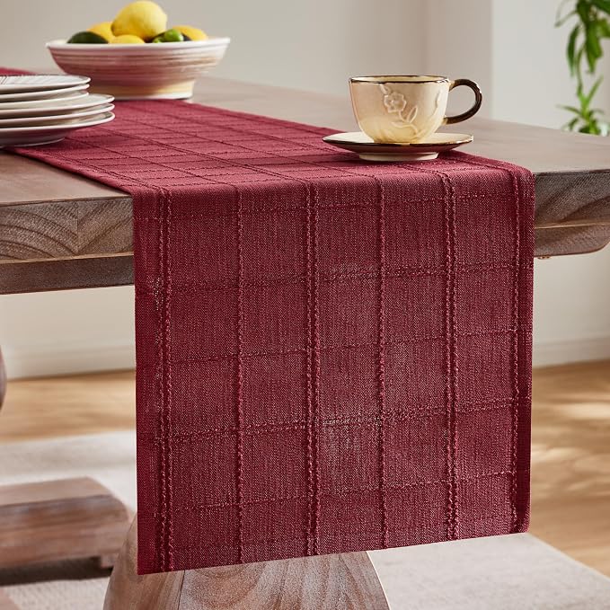 Linen Checked Farmhouse Table Runner, 13x48 Inches Burgundy | Raised Grid Design - Image 4