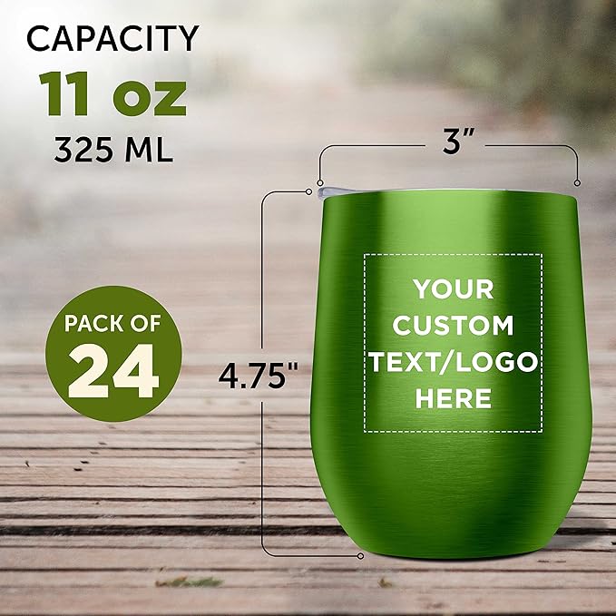 Custom Stemless Wine Glass Tumblers with Lids by Largo 11 oz. Set of 24, Personalized Bulk Pack - Perfect for Wine, Cocktails, Other Hot & Cold Beverages - Lime Green
