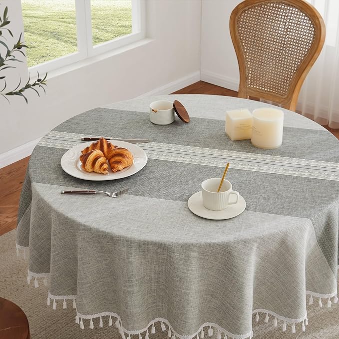 ZeeMart Contrast Linen Round Tablecloth 60 Inch Mid-Stripe Grey, Farmhouse Style Round Table Cloth Heavy Weight Grey Tablecloths, Water Resistant Burlap Table Cloths