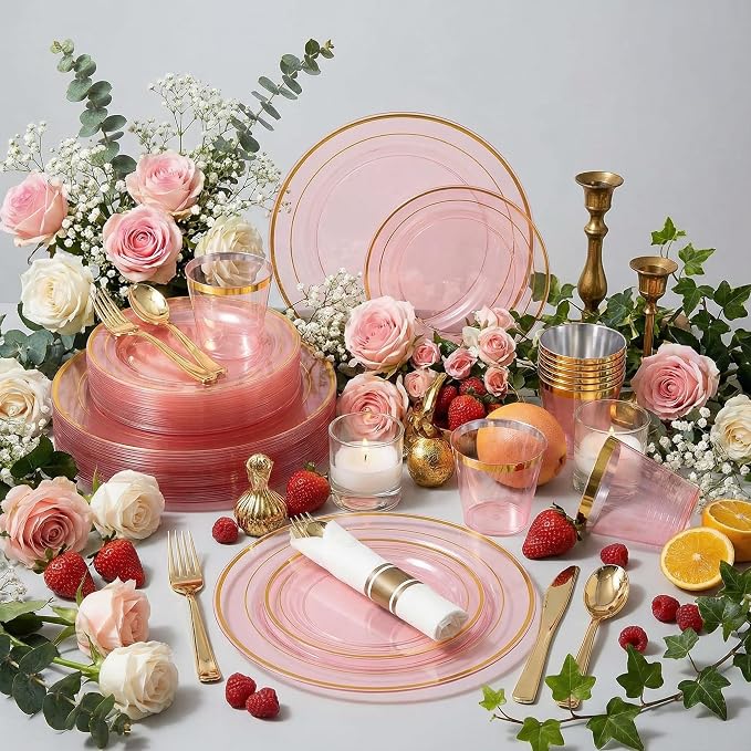 WELLIFE 210Pcs Clear-Pink Plastic Dinnerware- Pink and Gold Plastic Dinnerware - Image 6