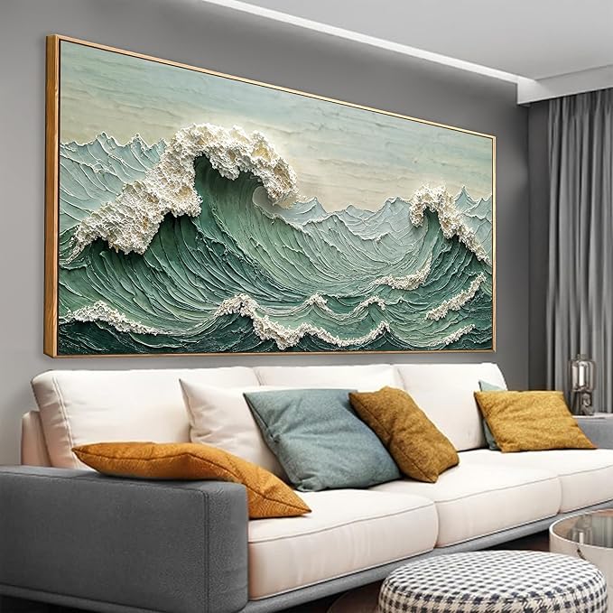 Sea Wave Abstract Wall Art Small Size Modern Green Canvas Wall Art Decor Painting Artwork Abstract Wall Decor Print Picture For Bedroom Office Home Decoration 20" X 40" With Framed