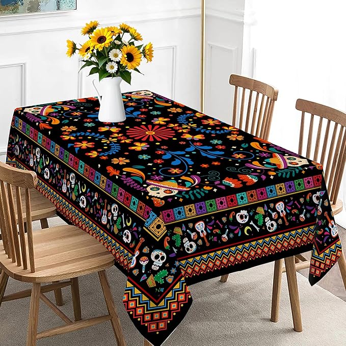 Mexican Tablecloth Rectangle 60 x 104 Inch, Cinco De Mayo Flower Skull Table Cloth Fiesta Indoor Decorations for Dining Room Party