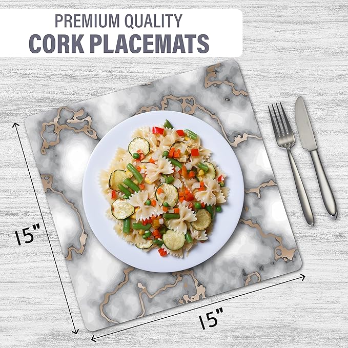 Dainty Home Smokey Gold Marble Square Cork Placemats - Heat Resistant Placemats, Non-Slip, Easy Clean Placemats for Elegant Dining - 15"x15" Set of 2 - Perfect for Stylish, Modern Homes