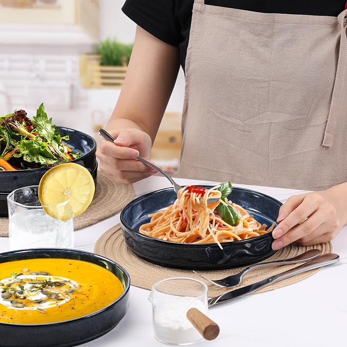 LIANYU 33oz Pasta Bowls Sets of 4, Wide Shallow Stoneware Dinner Plates | - Image 4