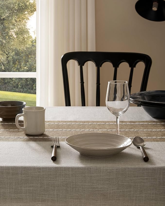 ZeeMart Contrast Linen Round Tablecloth 60 Inch Brown, Farmhouse Style Round Table Cloth Heavy Weight Beige Tablecloths, Water Resistant Burlap Table Cloths